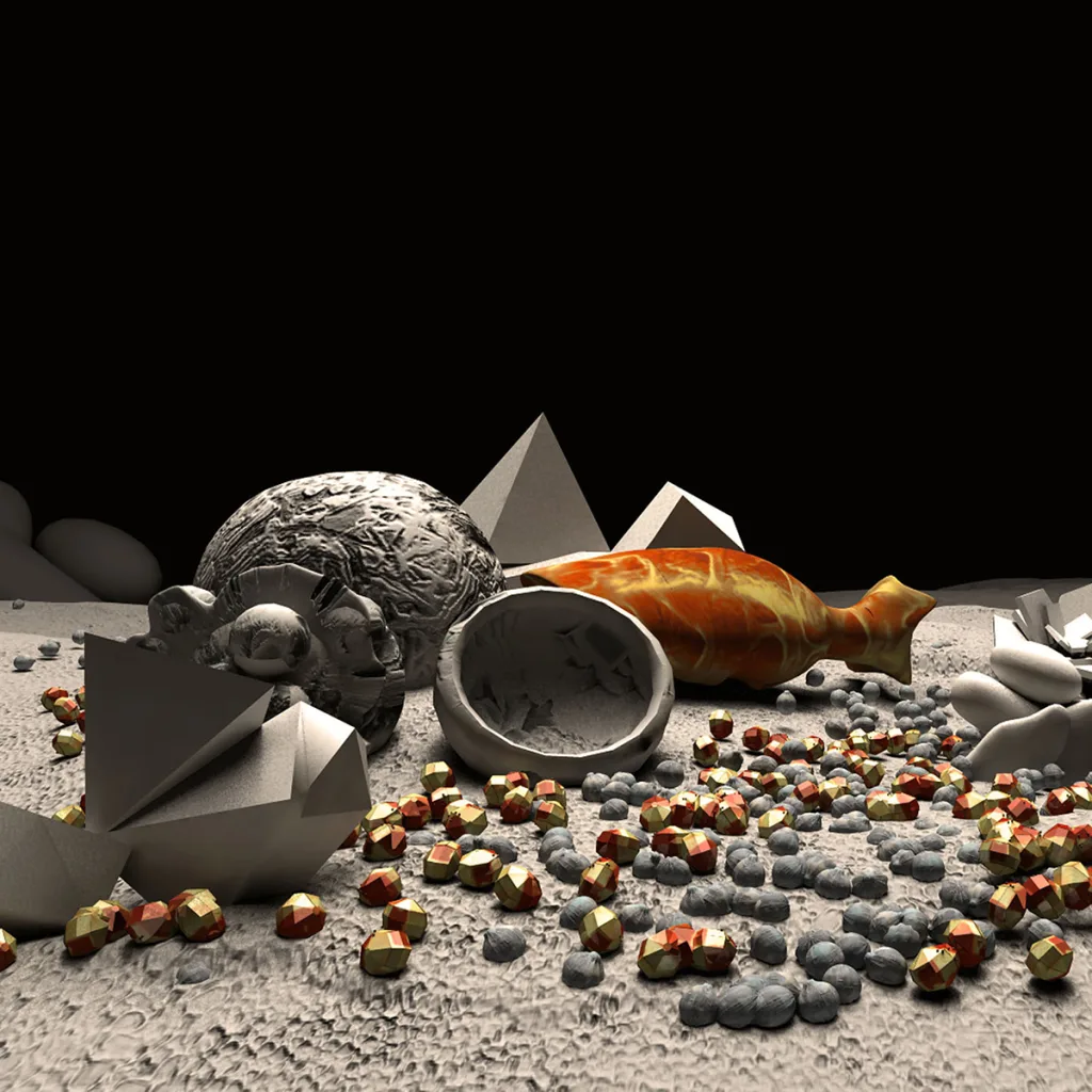 immagine del video digitale che fa parte dell'opera Matter Waves Unseen di Giuliana Cuneaz, e rappresenta alcuni solidi poggiati su un fondo simile a sabbia su un campo nero